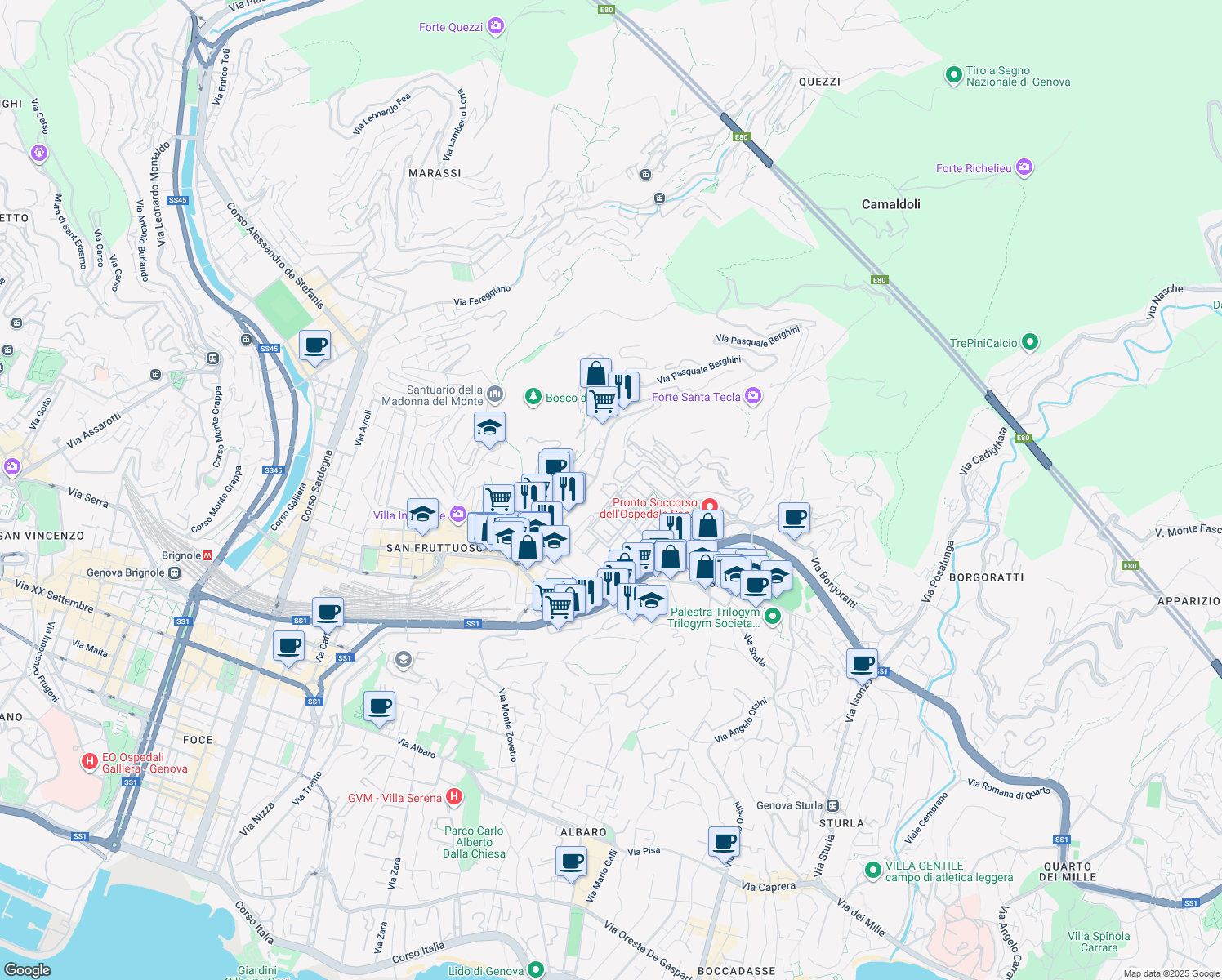 map of restaurants, bars, coffee shops, grocery stores, and more near 171 Via Donghi in Genova