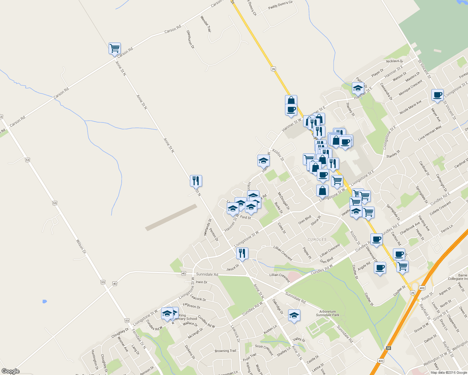 map of restaurants, bars, coffee shops, grocery stores, and more near 23 Morton Crescent in Barrie