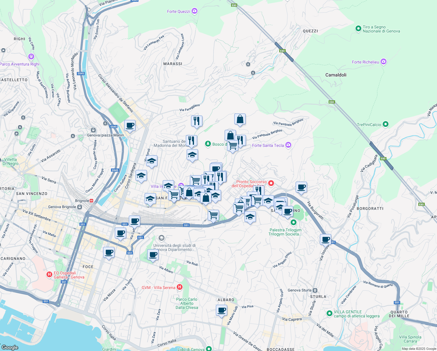 map of restaurants, bars, coffee shops, grocery stores, and more near 26 Via Aldo Manuzio in Genova