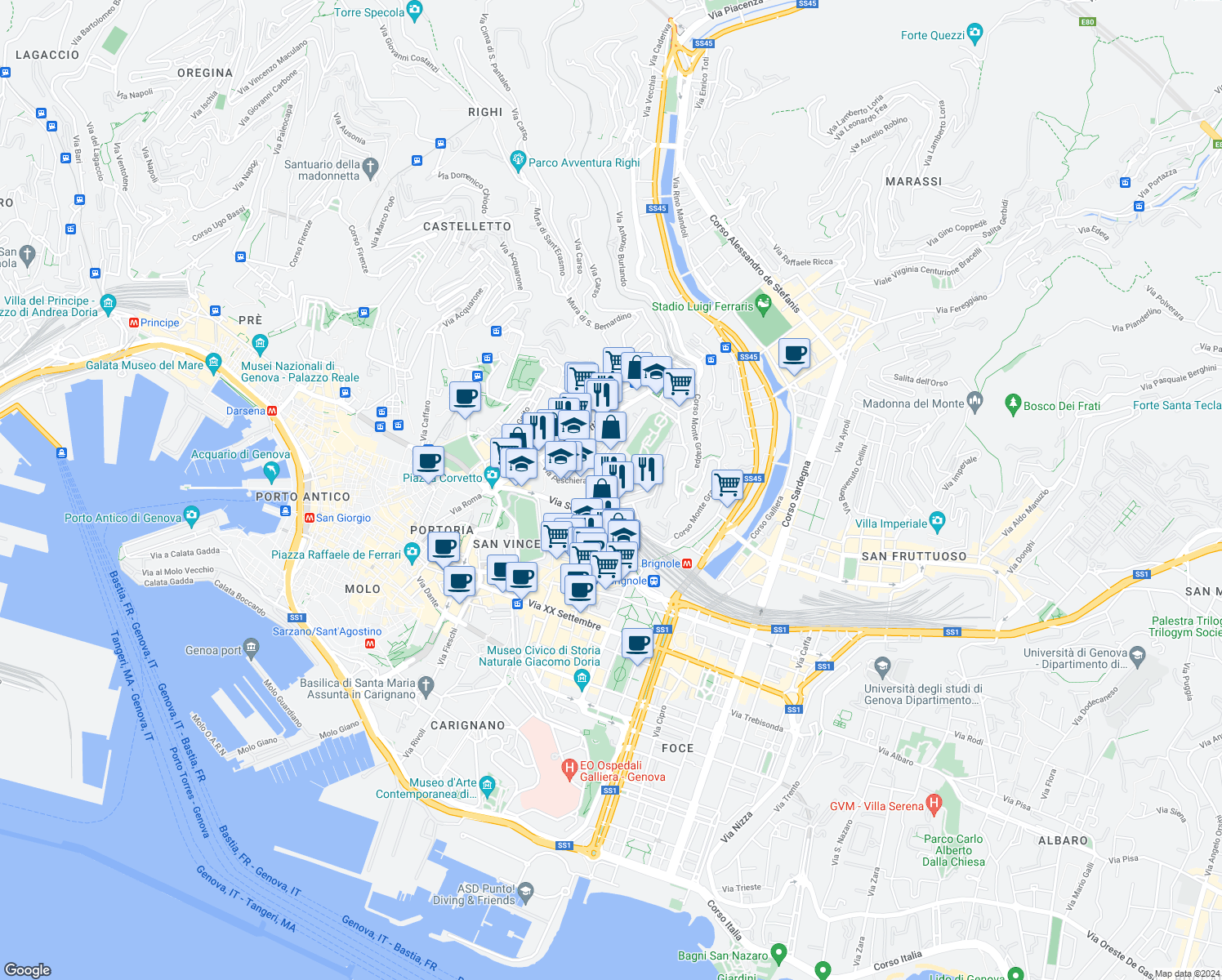 map of restaurants, bars, coffee shops, grocery stores, and more near 2 Via Felice Romani in Genoa