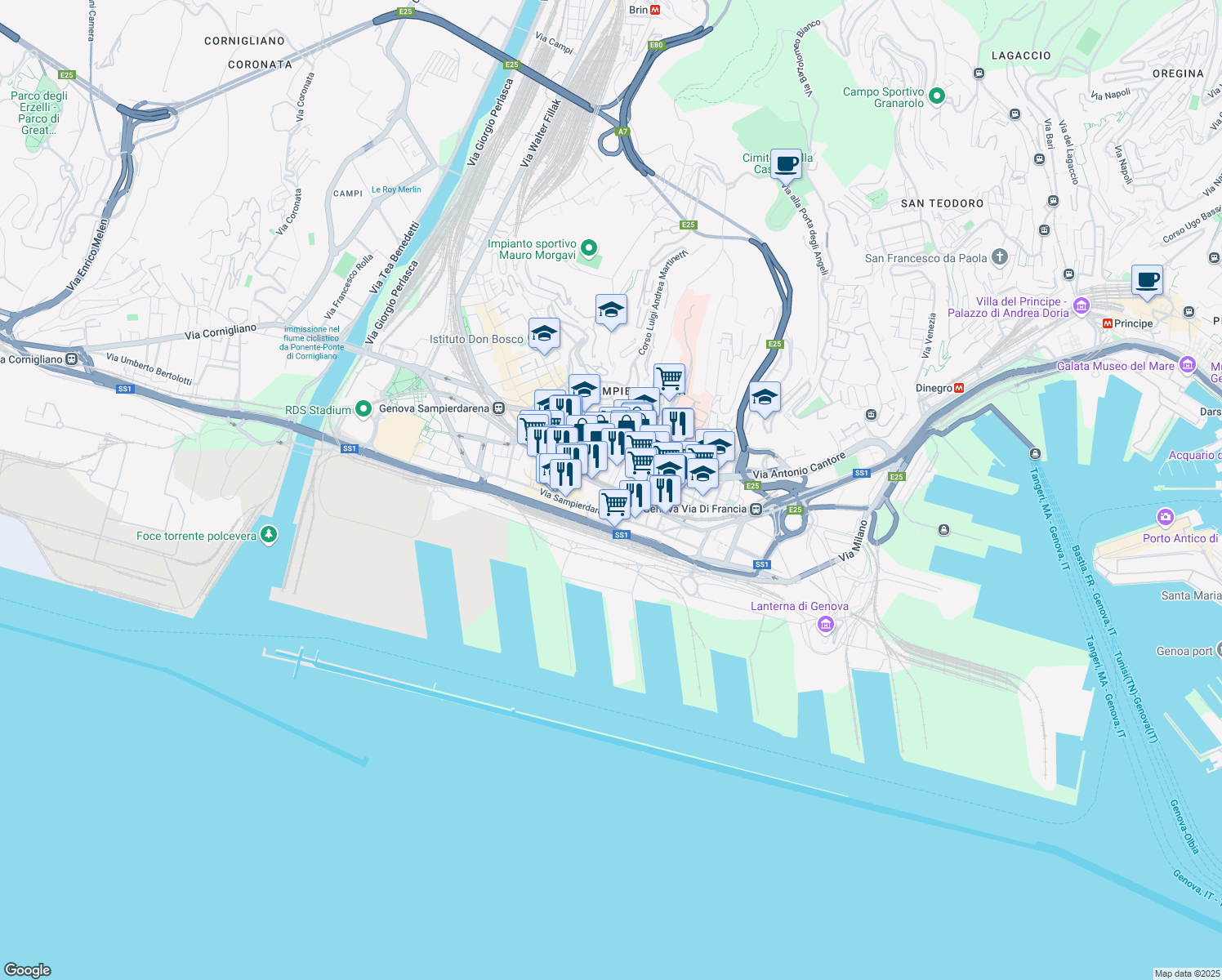map of restaurants, bars, coffee shops, grocery stores, and more near 29-49 Via Vincenzo Gioberti in Genoa