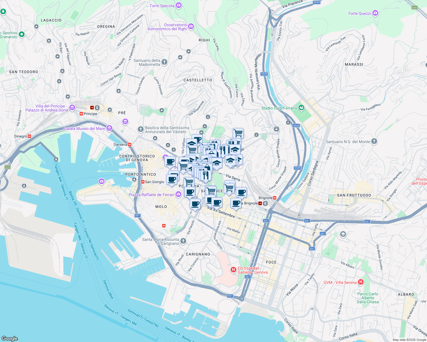 map of restaurants, bars, coffee shops, grocery stores, and more near 2 Piazza Brignole in Genoa