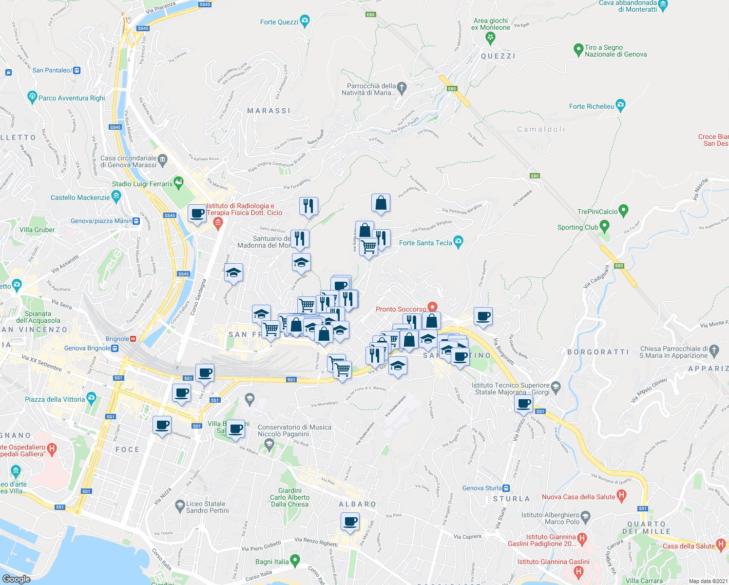 map of restaurants, bars, coffee shops, grocery stores, and more near 171 Via Donghi in Genova