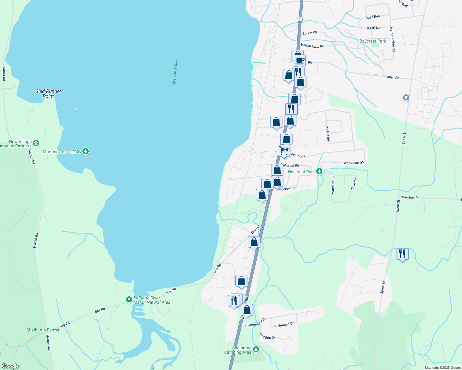 map of restaurants, bars, coffee shops, grocery stores, and more near 1 Sheridan Court in Shelburne