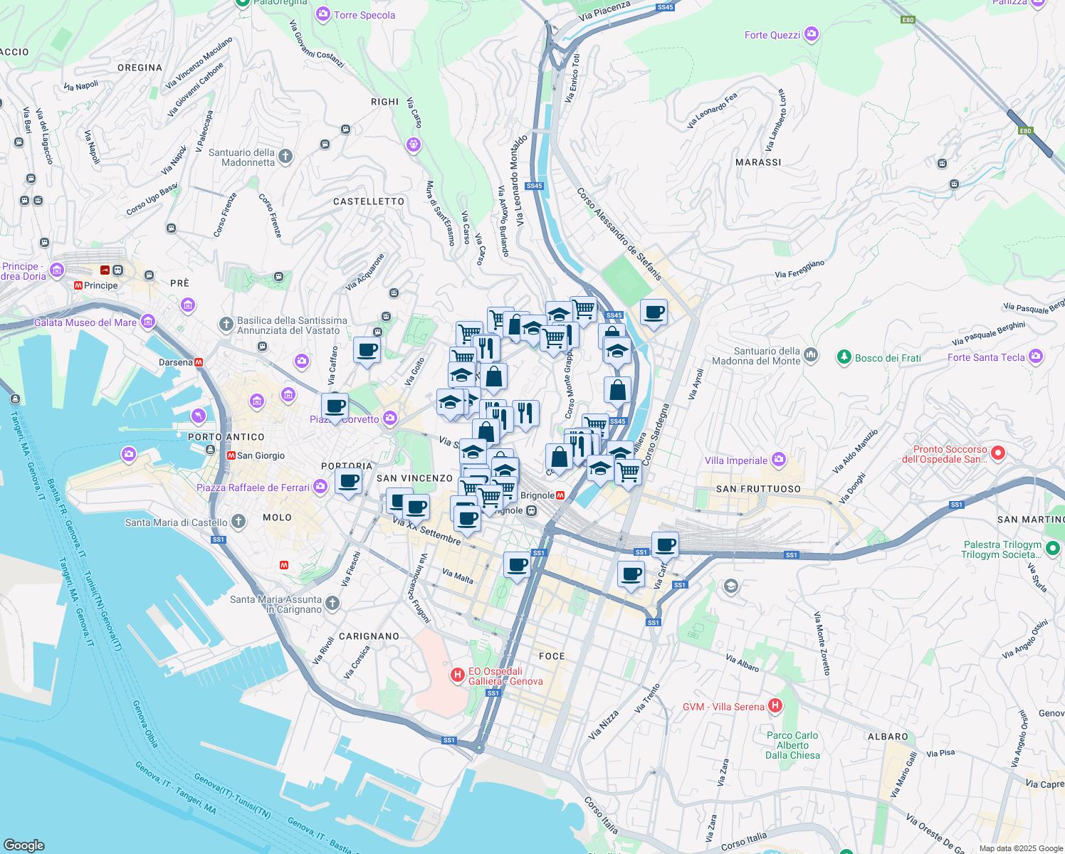 map of restaurants, bars, coffee shops, grocery stores, and more near 19 Salita delle Fieschine in Genoa