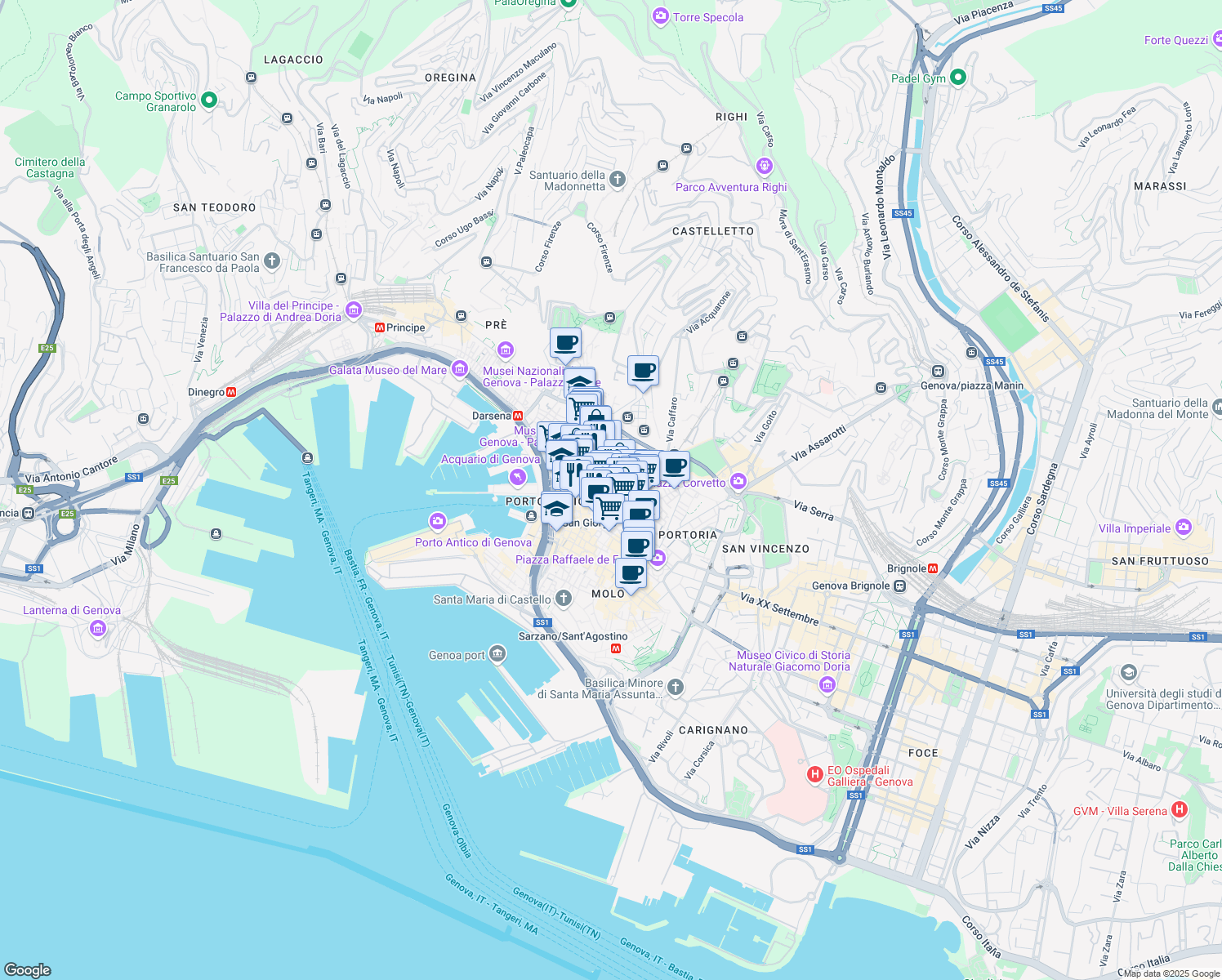 map of restaurants, bars, coffee shops, grocery stores, and more near 4R Vico Lepre in Genova