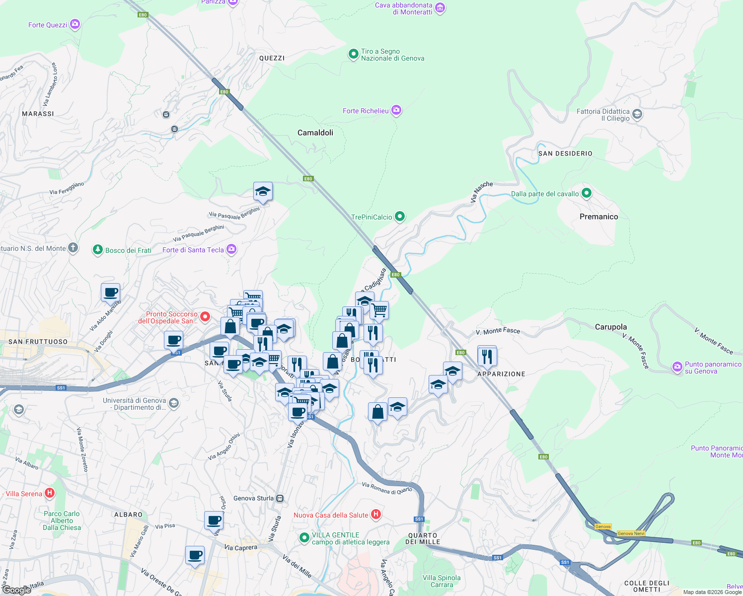 map of restaurants, bars, coffee shops, grocery stores, and more near 6 Via Evangelista Torricelli in Genova