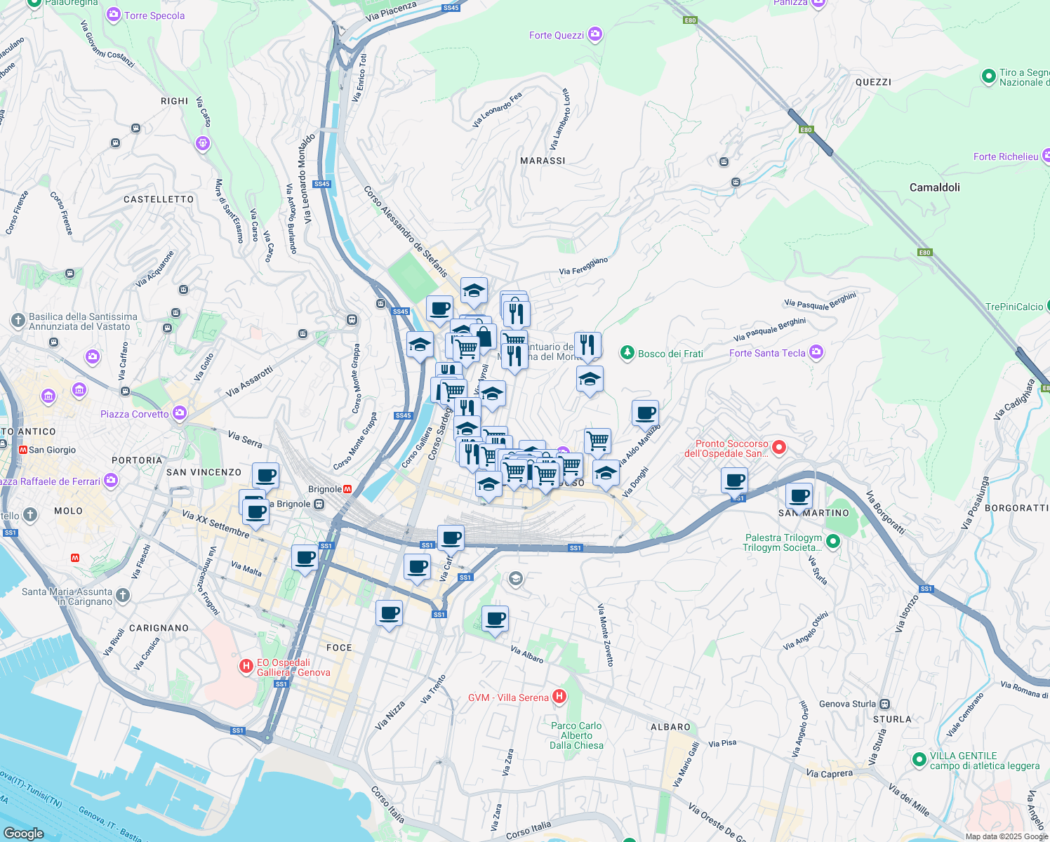 map of restaurants, bars, coffee shops, grocery stores, and more near 7 Via Federico Donaver in Genoa