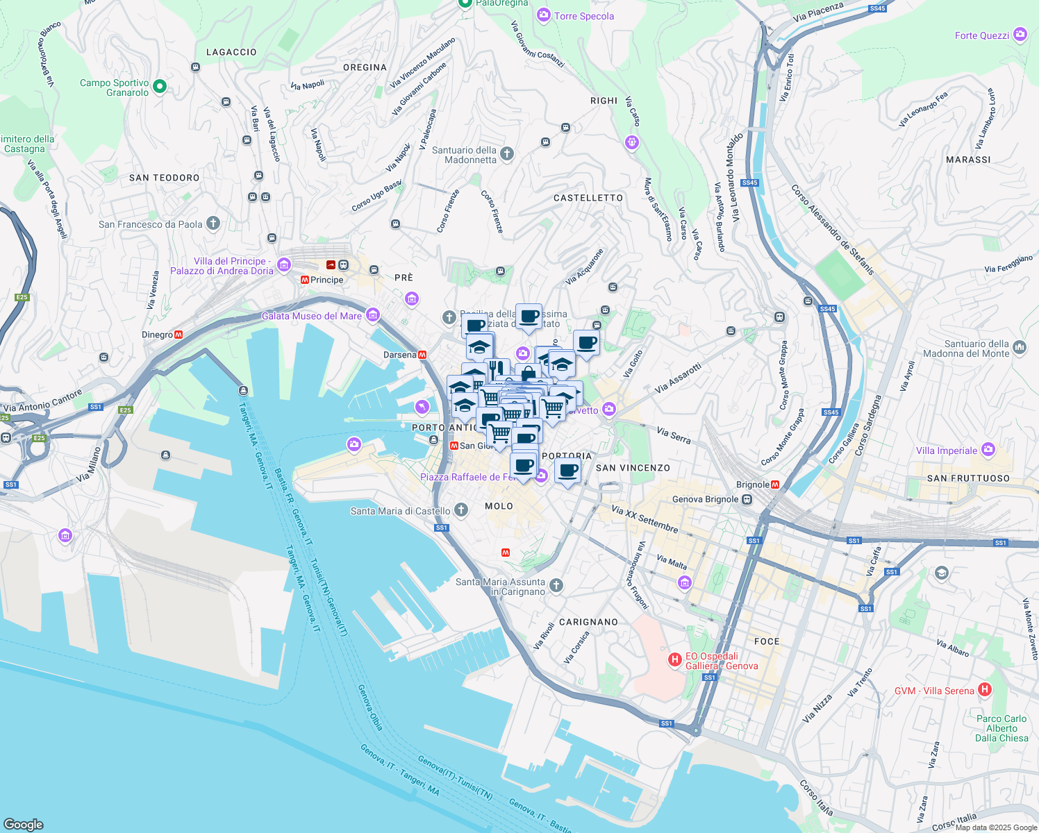 map of restaurants, bars, coffee shops, grocery stores, and more near 4R Vico Lepre in Genova