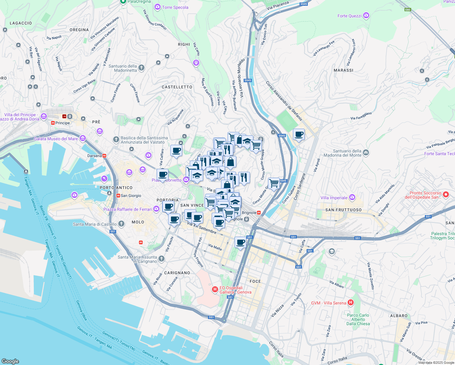 map of restaurants, bars, coffee shops, grocery stores, and more near 2 Via Felice Romani in Genoa
