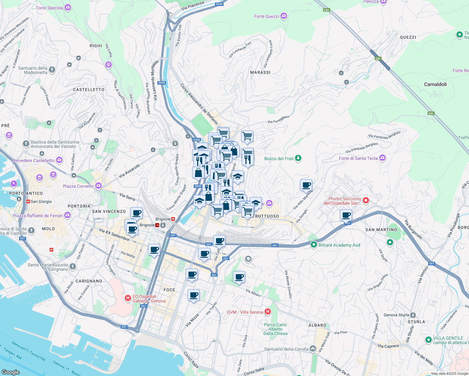 map of restaurants, bars, coffee shops, grocery stores, and more near Via Benvenuto Cellini in Genoa