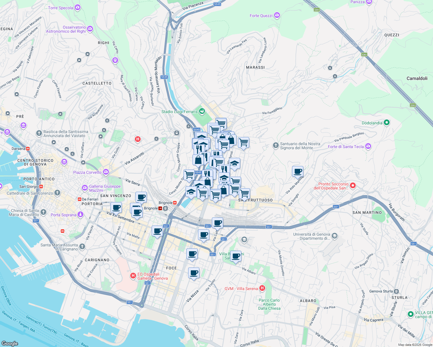 map of restaurants, bars, coffee shops, grocery stores, and more near 215 Corso Sardegna in Genova