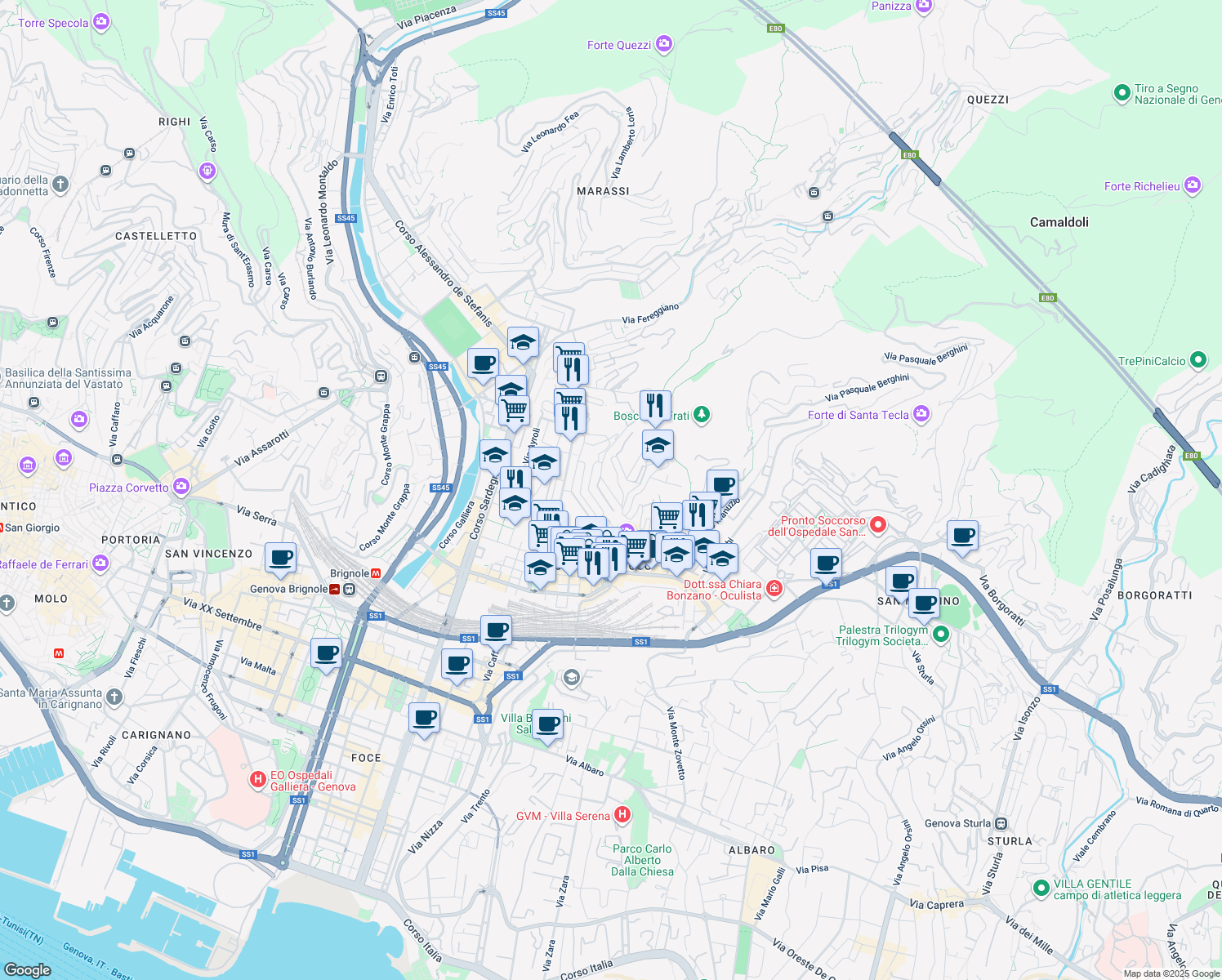 map of restaurants, bars, coffee shops, grocery stores, and more near 27 Via Federico Donaver in Genova