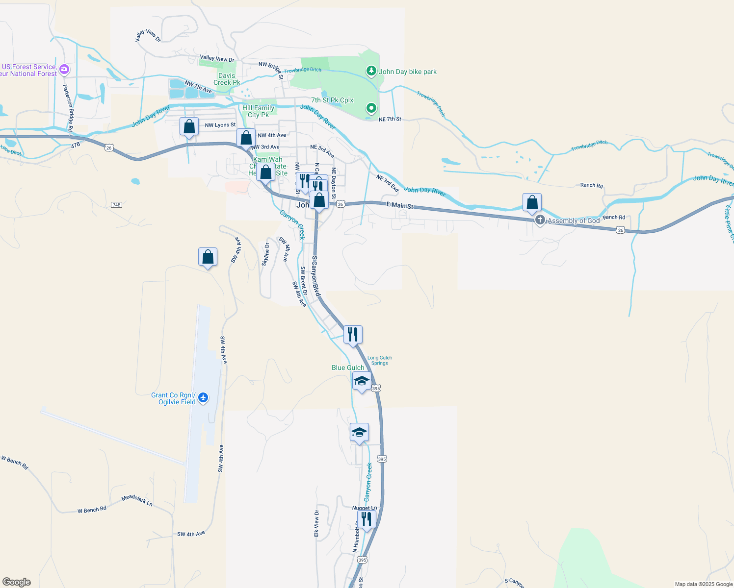 map of restaurants, bars, coffee shops, grocery stores, and more near Ferguson Drive in John Day
