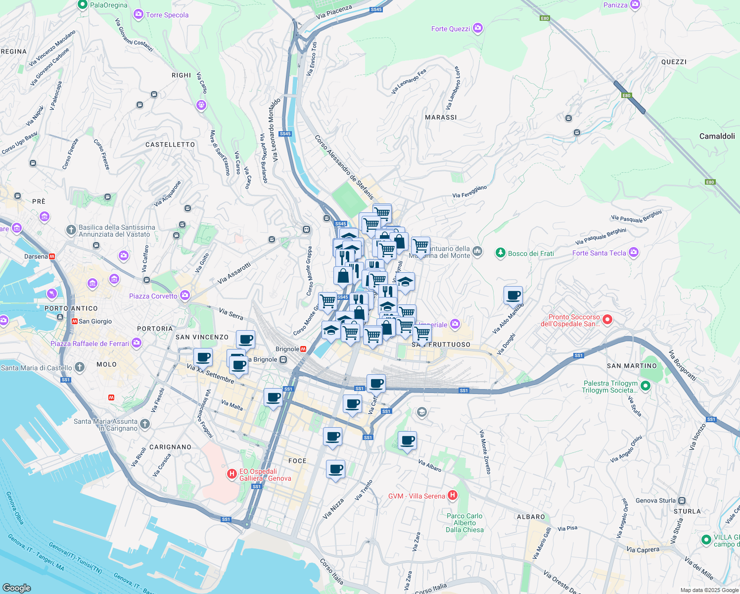 map of restaurants, bars, coffee shops, grocery stores, and more near 265r Corso Sardegna in Genova