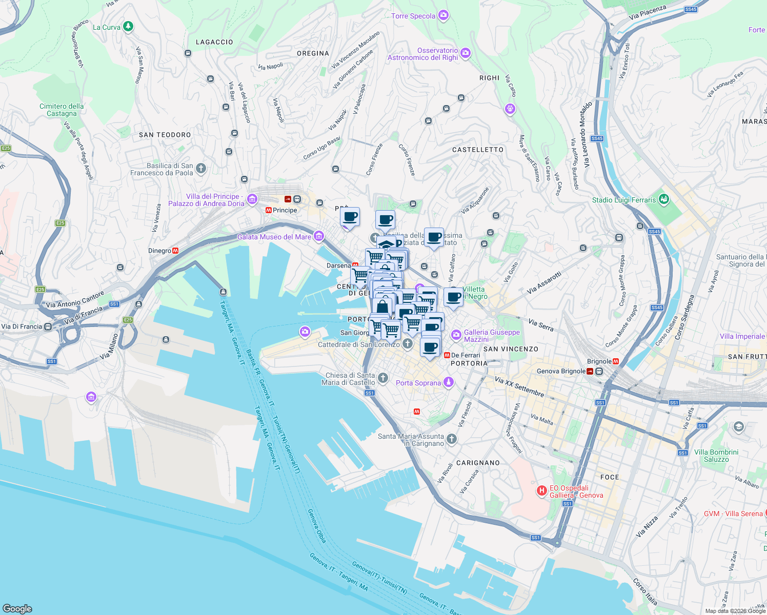 map of restaurants, bars, coffee shops, grocery stores, and more near in Genova