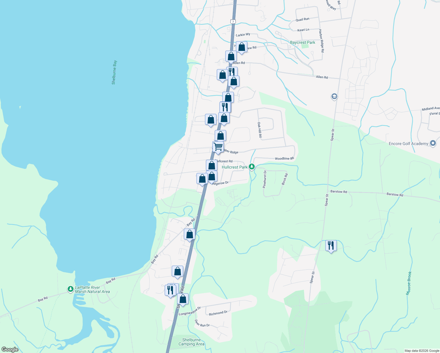 map of restaurants, bars, coffee shops, grocery stores, and more near 49 Hullcrest Ln in Shelburne