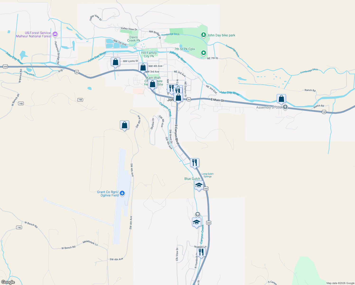 map of restaurants, bars, coffee shops, grocery stores, and more near 413 South Canyon Boulevard in John Day