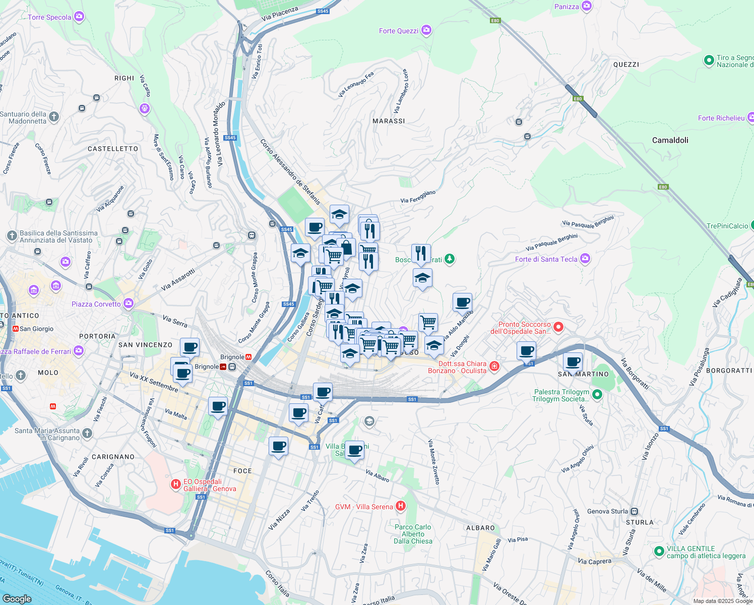 map of restaurants, bars, coffee shops, grocery stores, and more near 7 Via Federico Donaver in Genoa