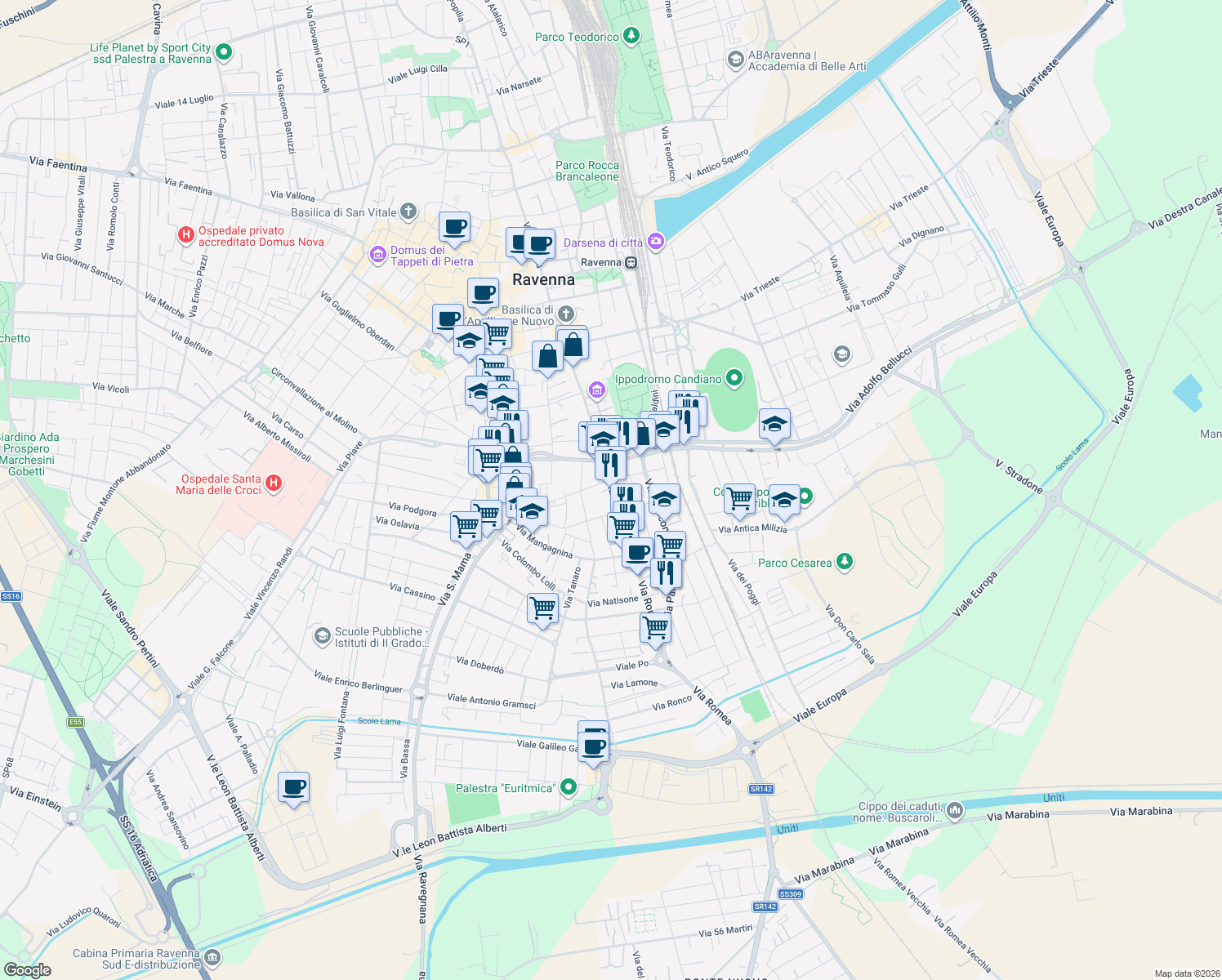 map of restaurants, bars, coffee shops, grocery stores, and more near 103 Via Cesarea in Ravenna