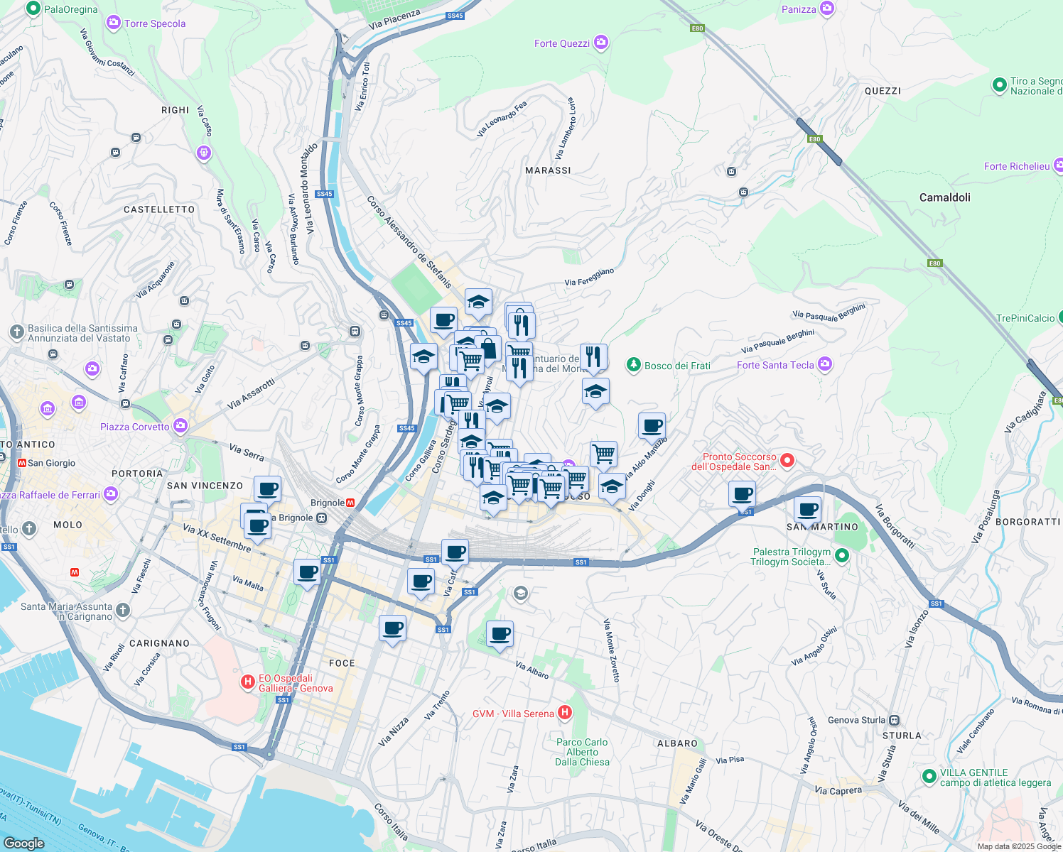 map of restaurants, bars, coffee shops, grocery stores, and more near 7 Via Federico Donaver in Genova