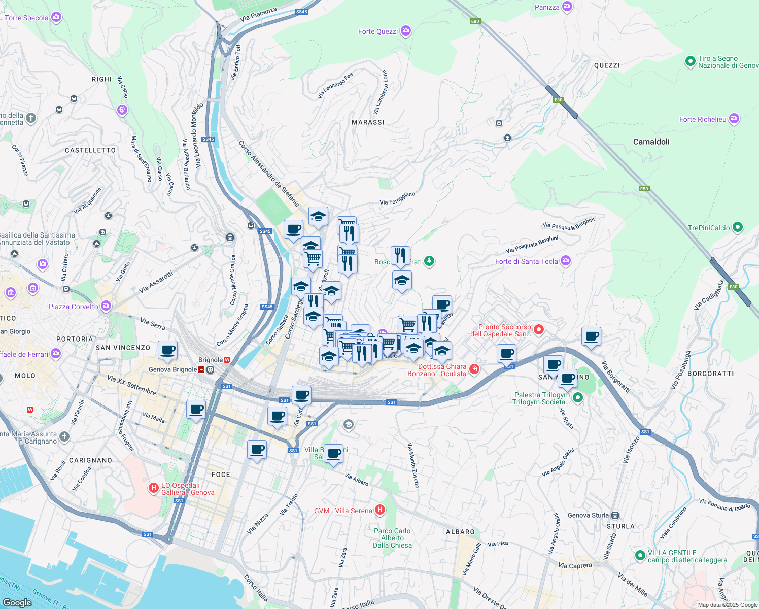 map of restaurants, bars, coffee shops, grocery stores, and more near 27 Via Federico Donaver in Genoa