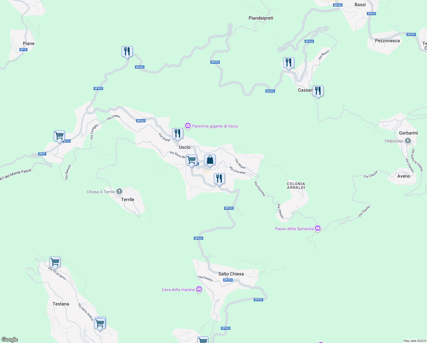 map of restaurants, bars, coffee shops, grocery stores, and more near 23 Via Caduti della Libertà in Uscio