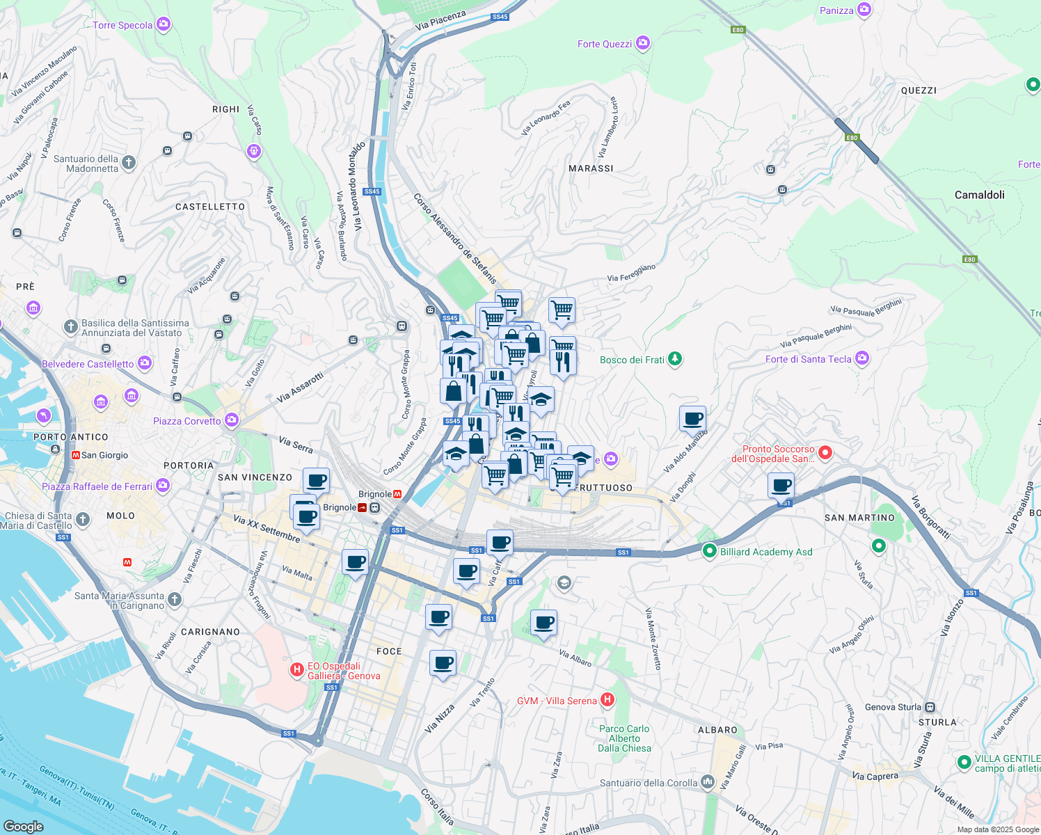 map of restaurants, bars, coffee shops, grocery stores, and more near Via Benvenuto Cellini in Genoa