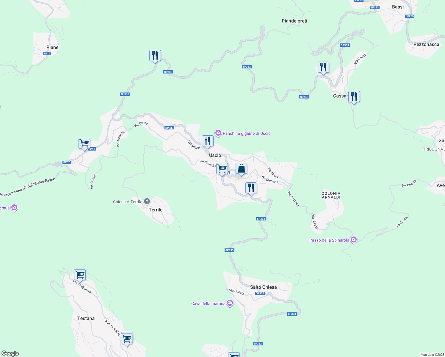 map of restaurants, bars, coffee shops, grocery stores, and more near Strada Provinciale 333 di Uscio in Città Metropolitana di Genova