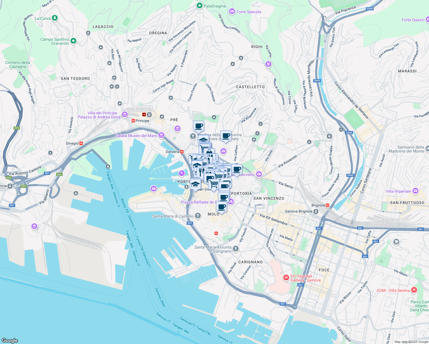 map of restaurants, bars, coffee shops, grocery stores, and more near Via ai Quattro Canti di San Francesco in Genova