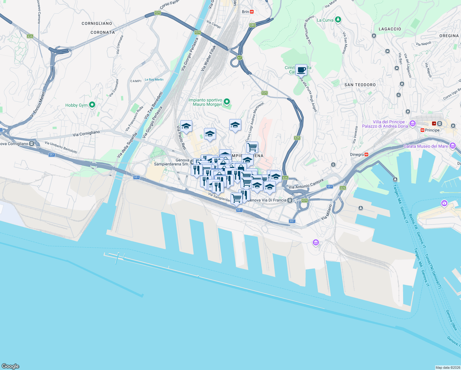 map of restaurants, bars, coffee shops, grocery stores, and more near 103 Via Giacomo Buranello in Genoa