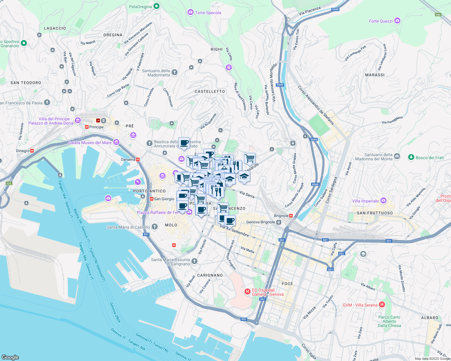 map of restaurants, bars, coffee shops, grocery stores, and more near Salita Inferiore di San Rocchino in Genova
