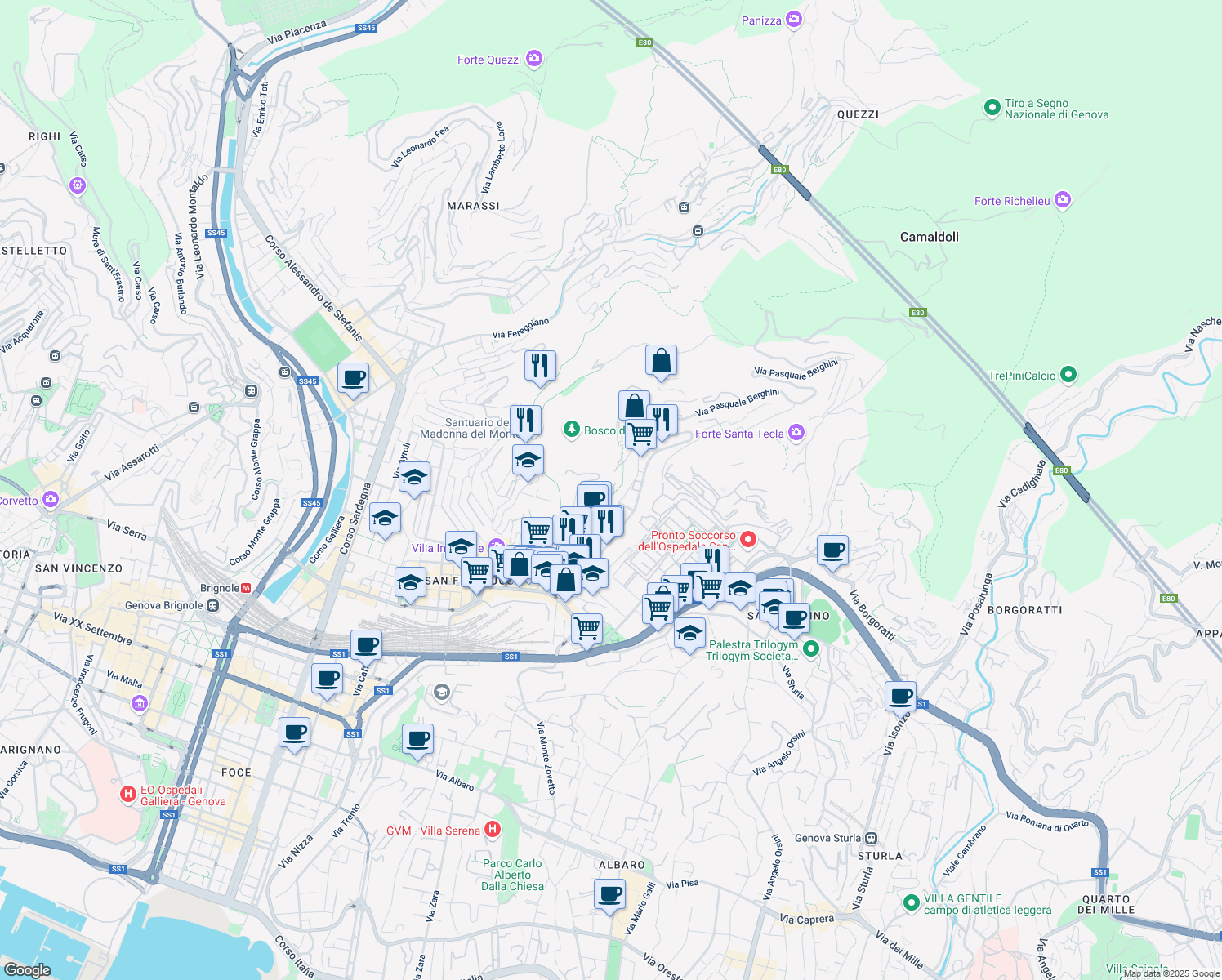 map of restaurants, bars, coffee shops, grocery stores, and more near 26-28 Via Aldo Manuzio in Genova