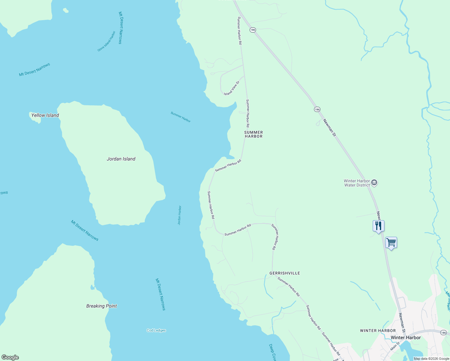 map of restaurants, bars, coffee shops, grocery stores, and more near 800 Summer Harbor Road in Winter Harbor