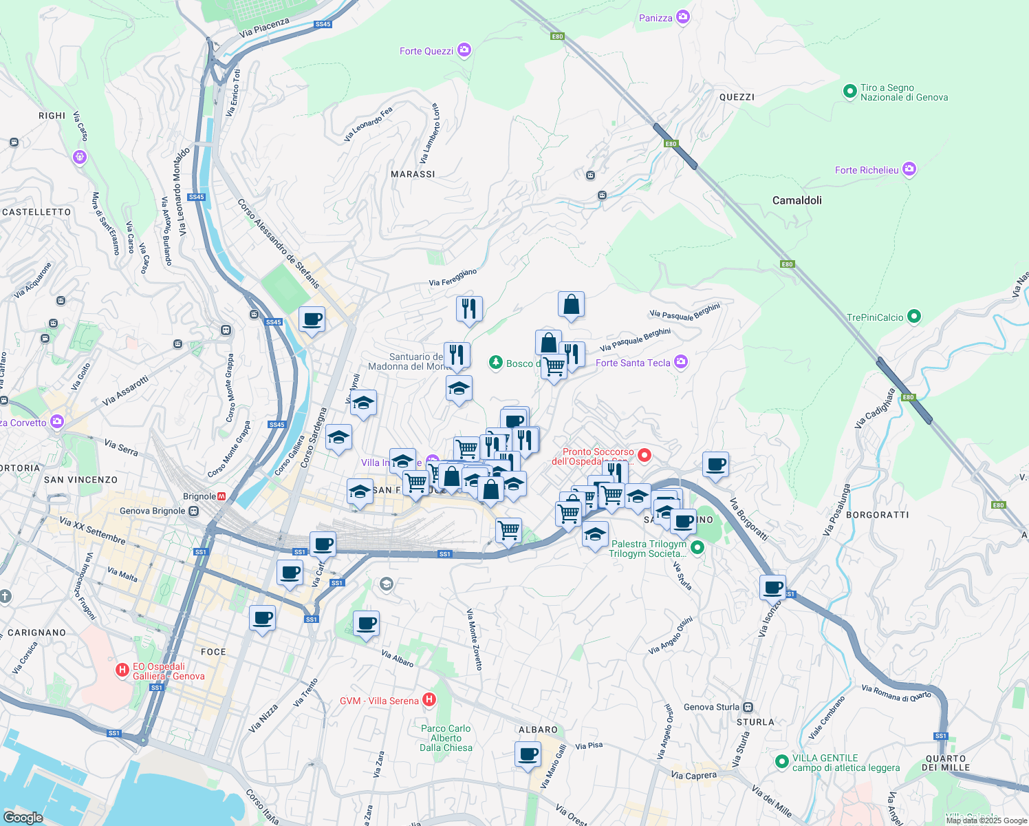 map of restaurants, bars, coffee shops, grocery stores, and more near Via Gian Battista Gaulli in Genova