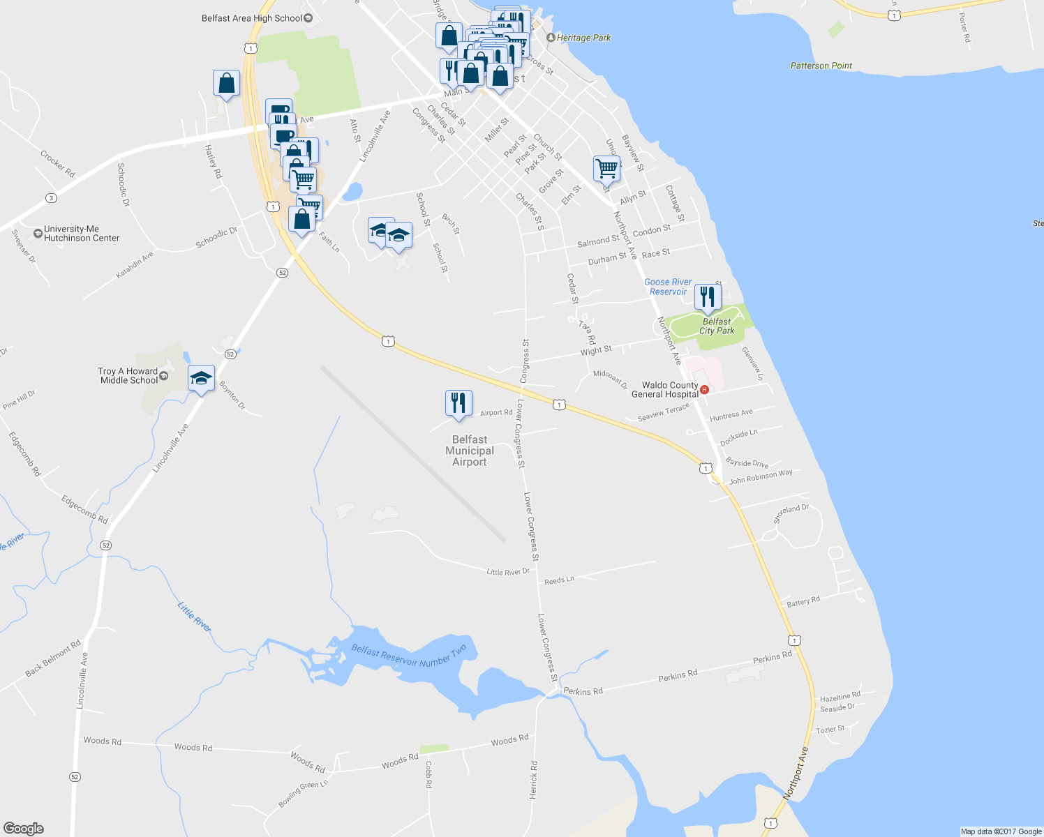 map of restaurants, bars, coffee shops, grocery stores, and more near 226 Lower Congress Street in Belfast