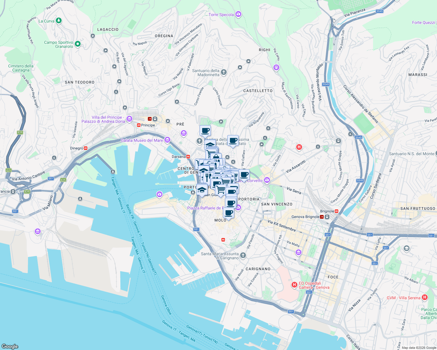 map of restaurants, bars, coffee shops, grocery stores, and more near Via ai Quattro Canti di San Francesco in Genova