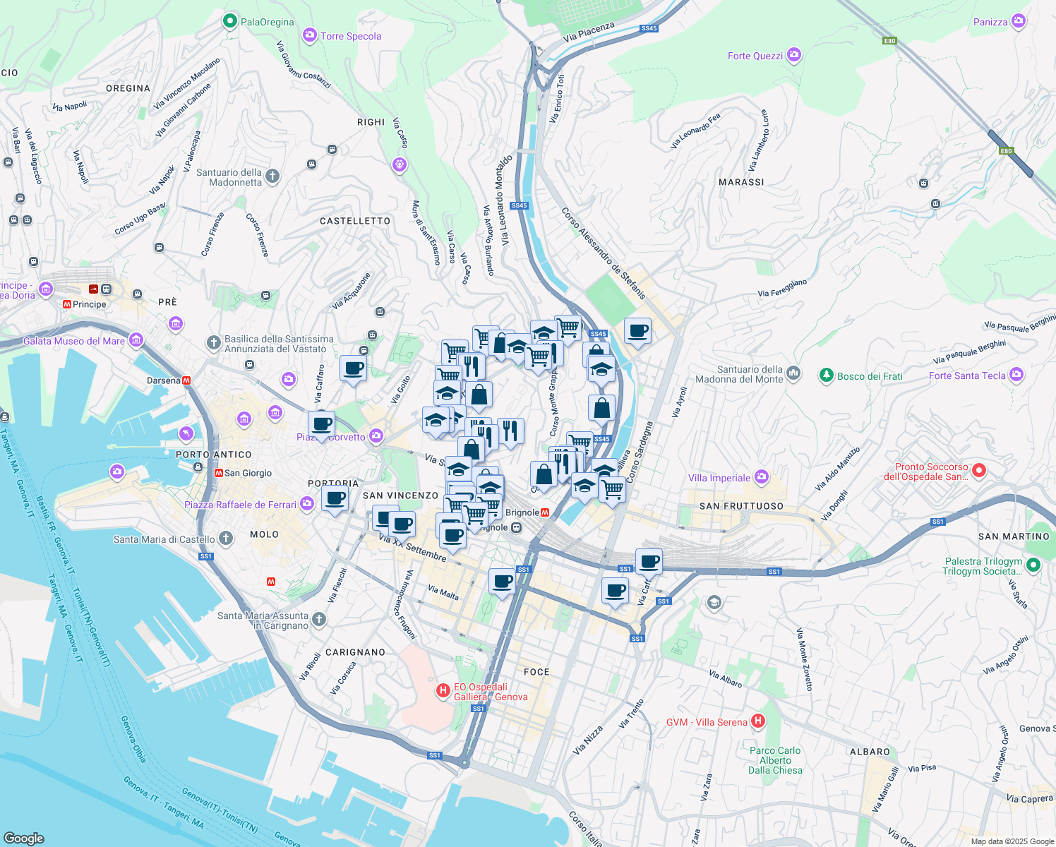 map of restaurants, bars, coffee shops, grocery stores, and more near 19 Salita delle Fieschine in Genoa