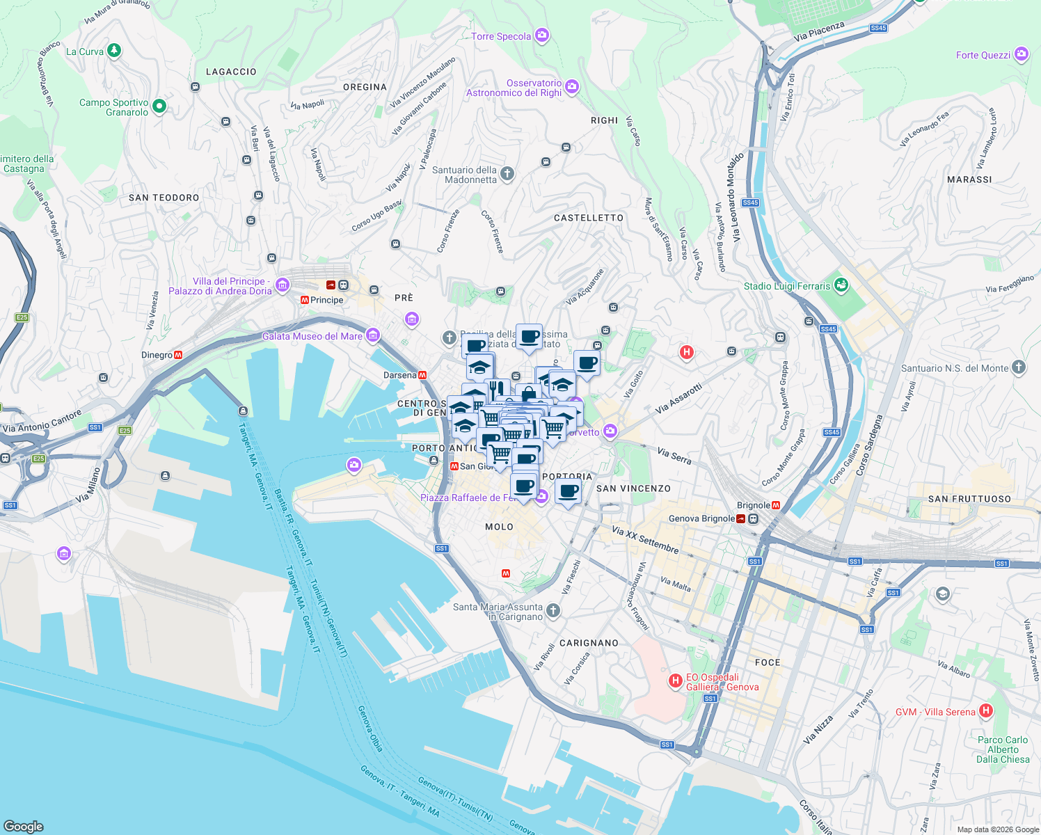 map of restaurants, bars, coffee shops, grocery stores, and more near 4R Vico Lepre in Genova