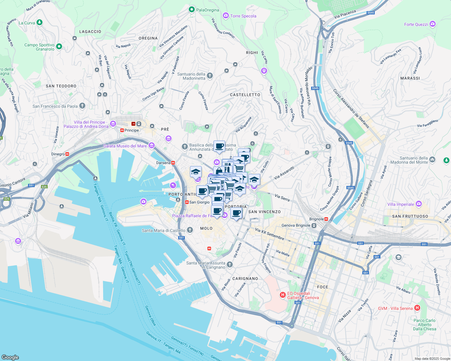 map of restaurants, bars, coffee shops, grocery stores, and more near 3 Via Garibaldi in Genova