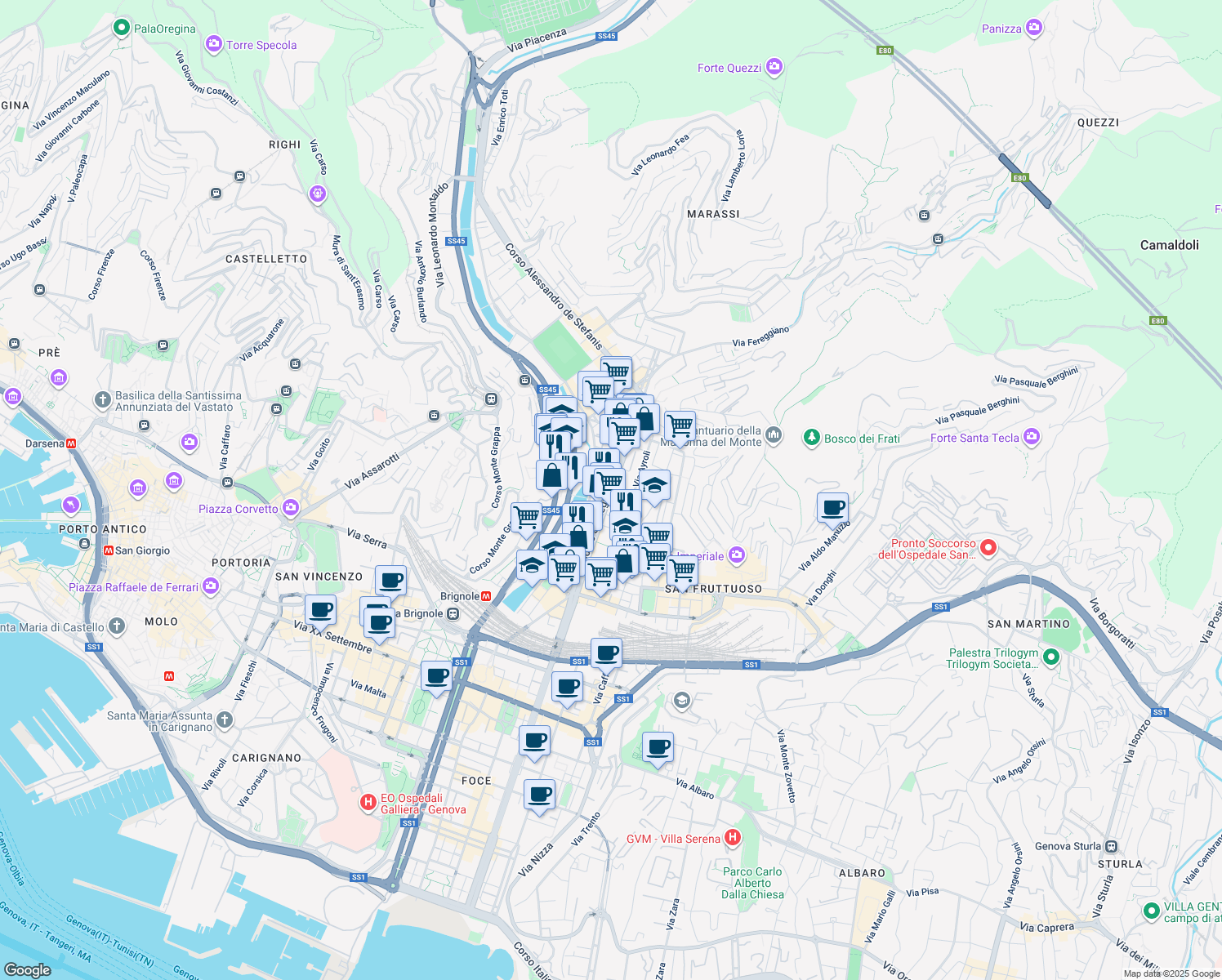 map of restaurants, bars, coffee shops, grocery stores, and more near 265/R Corso Sardegna in Genova