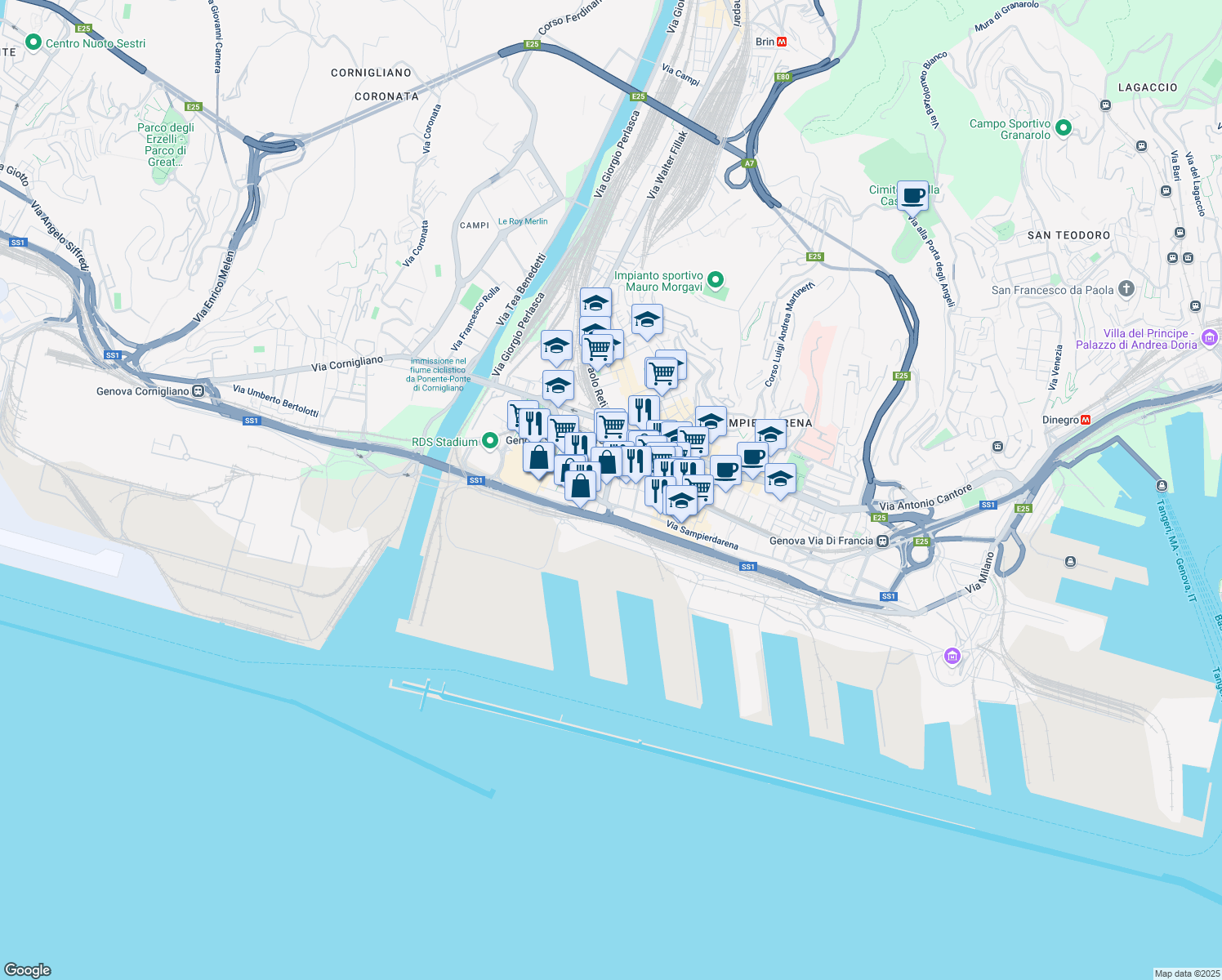 map of restaurants, bars, coffee shops, grocery stores, and more near 190 Via Sampierdarena in Genoa