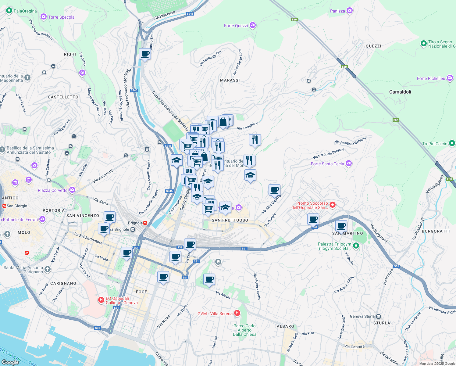 map of restaurants, bars, coffee shops, grocery stores, and more near 21 Via Rodolfo Savelli in Genoa