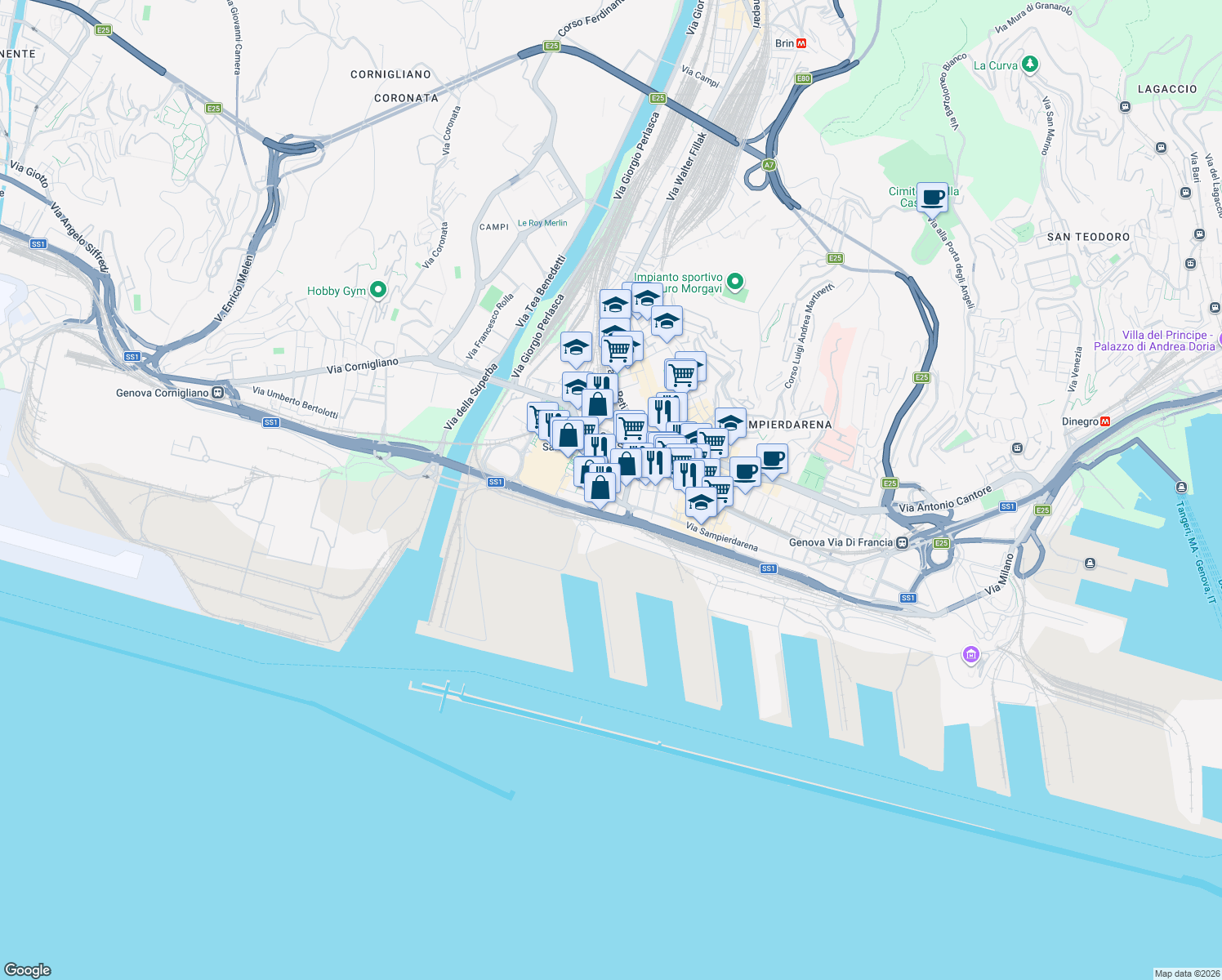 map of restaurants, bars, coffee shops, grocery stores, and more near 2 Via Stefano Dondero in Genova