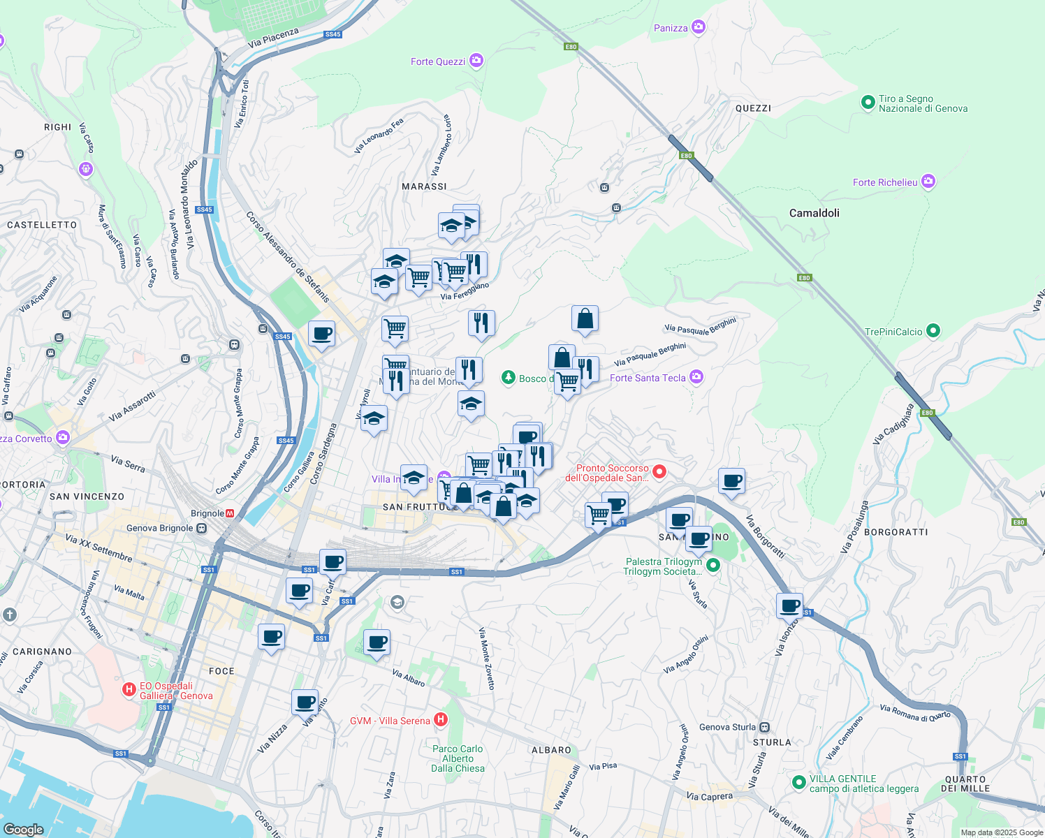map of restaurants, bars, coffee shops, grocery stores, and more near Via Gian Battista Gaulli in Genova