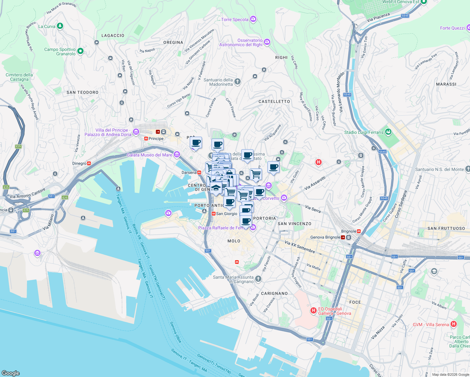 map of restaurants, bars, coffee shops, grocery stores, and more near 22 Via Garibaldi in Genova