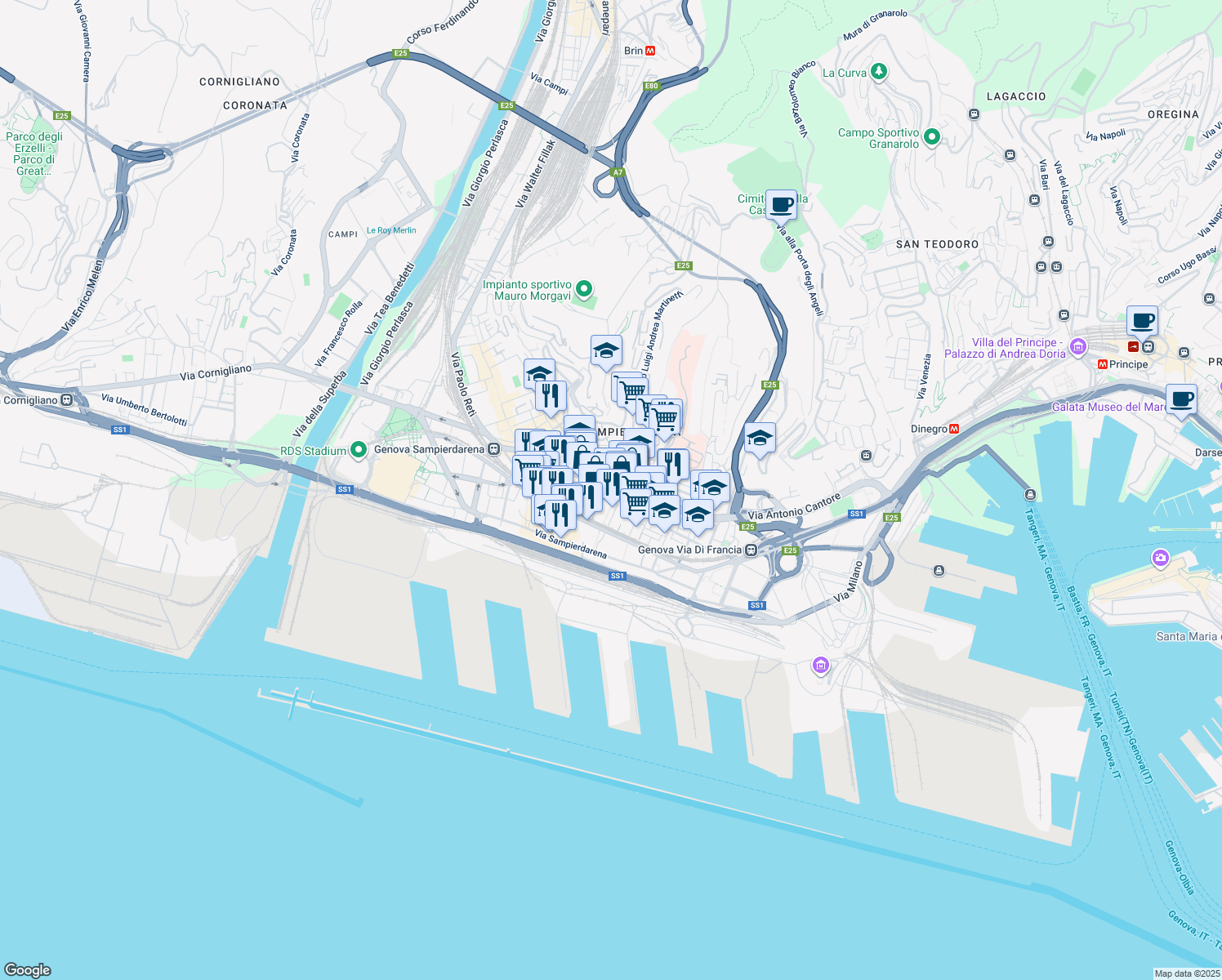 map of restaurants, bars, coffee shops, grocery stores, and more near 56 Via Nicolò Costa in Genova