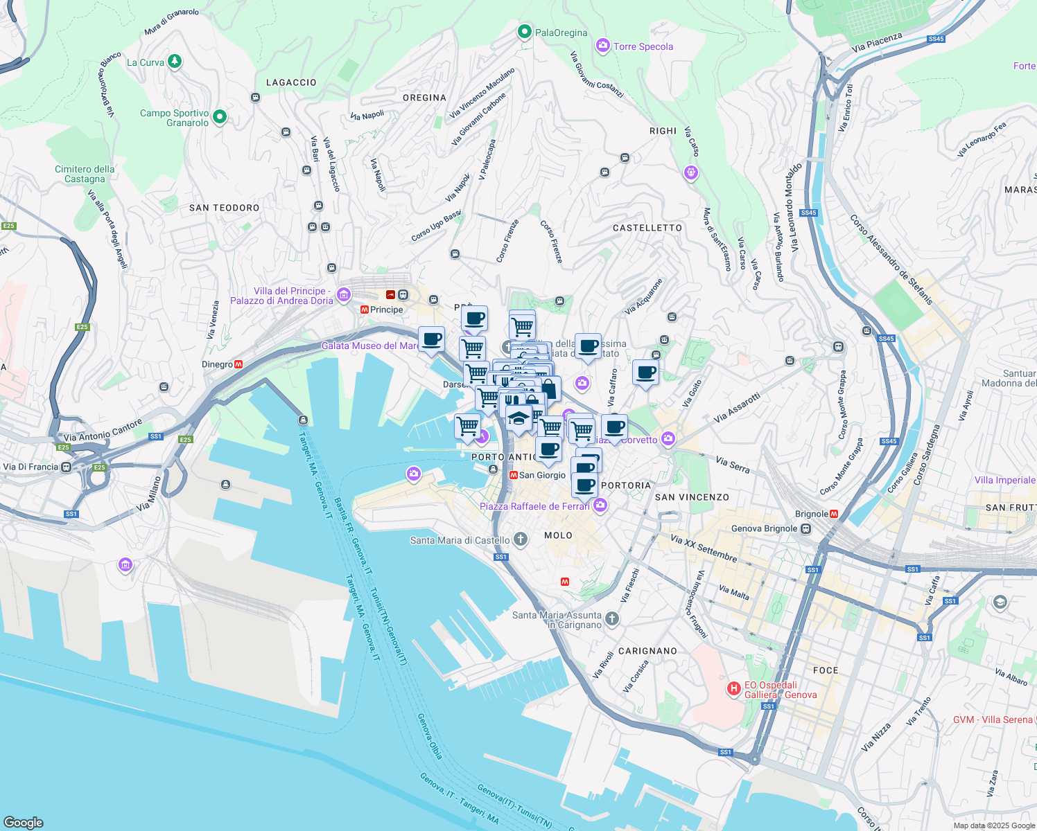map of restaurants, bars, coffee shops, grocery stores, and more near 12 Via San Siro in Genova