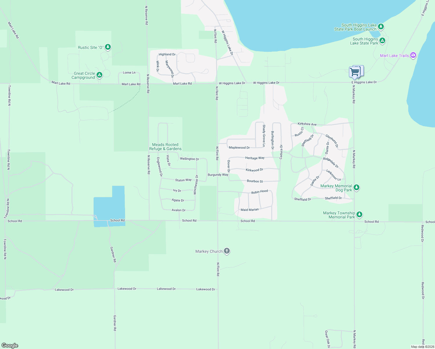 map of restaurants, bars, coffee shops, grocery stores, and more near 201 Burgundy Way in Roscommon