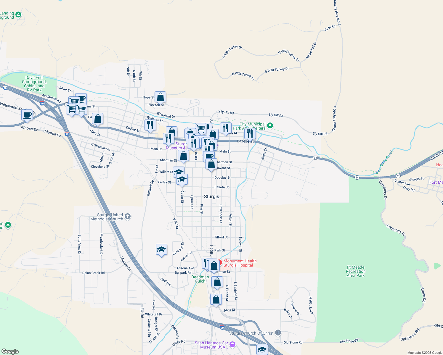 map of restaurants, bars, coffee shops, grocery stores, and more near 1298 Davenport St in Sturgis